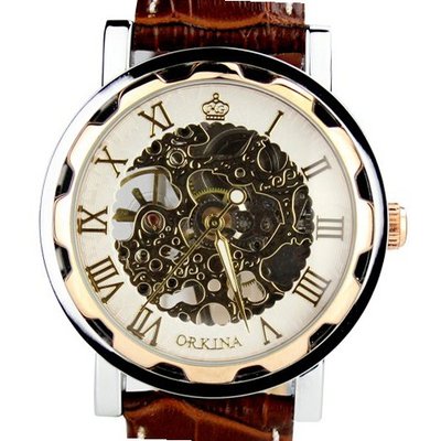Orkina Rose Gold Color Case Transparent Tourbillion Mechanical Dial Leather Strap Wrist KC023-LRW