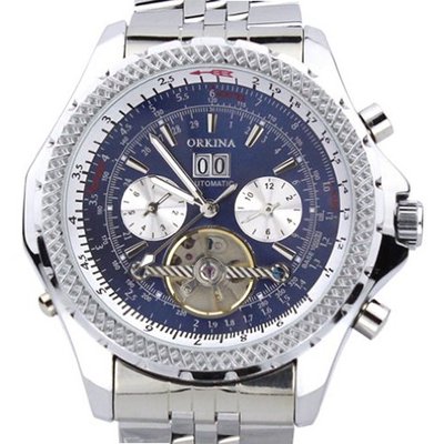 Orkina Silver Case Blue Chronograph Hallow Dial Tourbillon Mechanical Stainless Steel Wrist KC082SSBLU