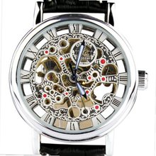 Orkina Silver Case Hollow Mechanical Dial Quartz Leather Strap Wrist KC112SB