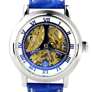 Orkina Silver Case Hollow Mechanical Skeleton Dial Leather Strap Wrist