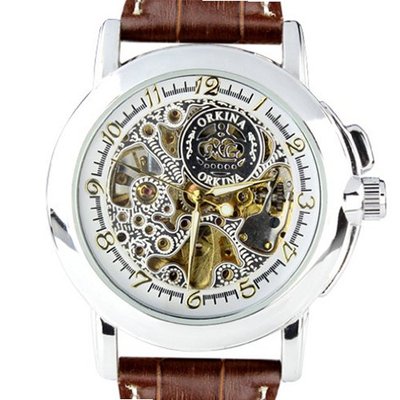 Orkina Silver Case Hollow Mechanical Skeleton Dial Leather Strap Wrist