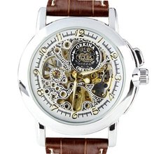 Orkina  Silver Case Skeleton Dial Mechanical Brown Leather Band Wrist MG015LWB