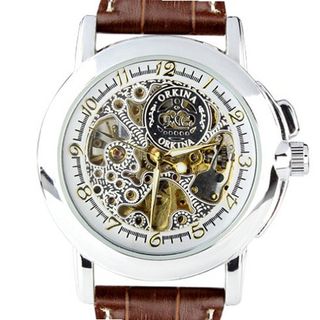 Orkina  Silver Case Skeleton Dial Mechanical Brown Leather Band Wrist MG015LWB