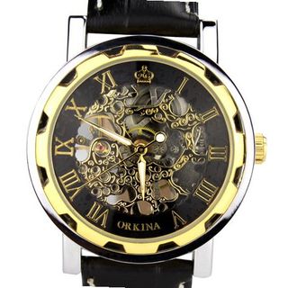 Orkina Skeleton Hand-Wind Mechanical Dial Black Leather Strap Dress Wrist KC023-LGB