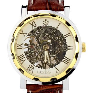 Orkina Transparent Tourbillon Hand-Wind Mechanical Dial Brown Leather Strap Wrist KC023-LGW