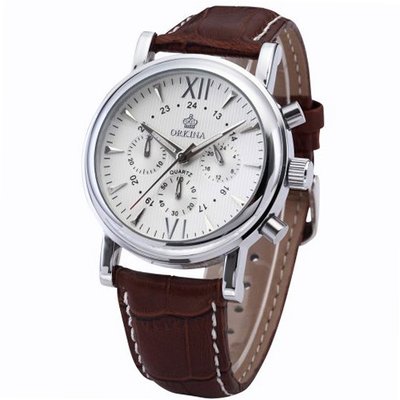 Orkina White Dial 6 Hands Coffee Leather Sport Quartz Wrist Gift ORK089