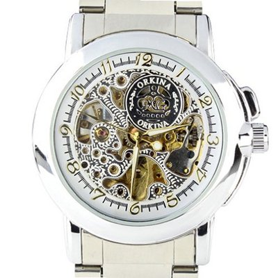 Orkina White Skeleton Dial Mechanical Stainless Steel Strap Wrist MG015SS