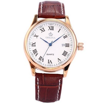 uOrkina ORKINA Elegant Brown Leather Analog Date Quartz Wrist Gift ORK158 
