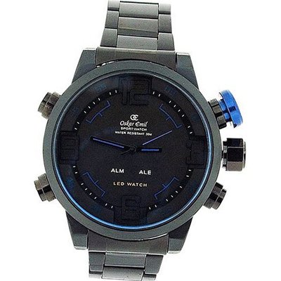 Oskar Emil Gents Focus Blue Digital-Analogue LED Gun Metal Stainless Steel