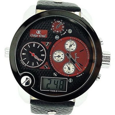 Oskar Emil Gents Spiral Bordeaux Digital-Analogue LED Black Leather Strap