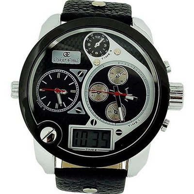 Oskar Emil Gents Spiral White Digital-Analogue LED Black Leather Strap