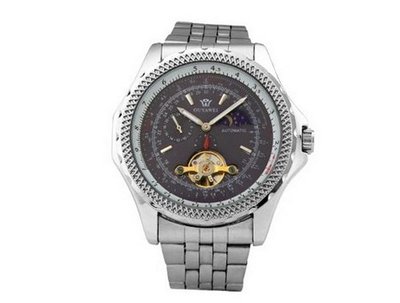 Ouyawei Automatic Mechanical Round Deep Blue Tourbillon Stainless Steel Silver Band Silver Bezel Water-Proof es