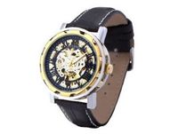 Ouyawei Black Leather Pierced Gold And Black Dial Strap Mechanical es