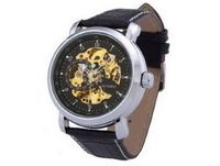 Ouyawei Black Leather Strap Black And Gold Dial Mechanical Round es