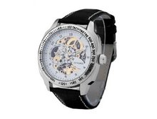 Ouyawei Black Leather Strap Pierced Mechanical White Dial es