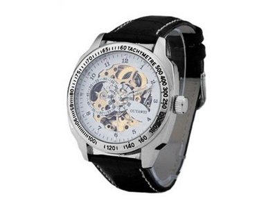 Ouyawei Black Leather Strap Pierced Mechanical White Dial es