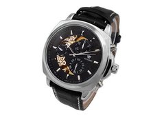 Ouyawei Black Leather Strap Streamlined Black Dial Mechanical es