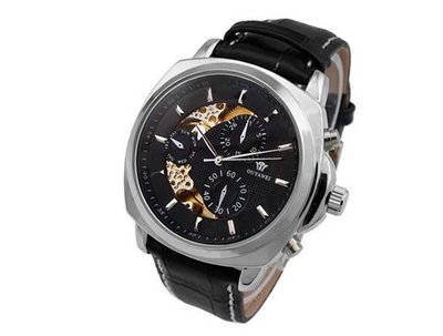 Ouyawei Black Leather Strap Streamlined Black Dial Mechanical es