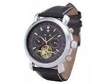 Ouyawei Buffalo Mechanical Round Black Leather Strap Blue Dial es