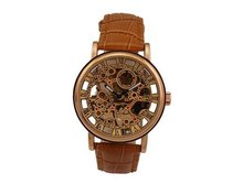 Ouyawei Business Mechanical Ross Round Gold Dial Brown Leather Strap es