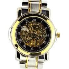 Ouyawei Gold and Silver Case Black Skeleton Mechanical Tourbillon Dial Wrist OYW-1036B
