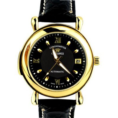 Ouyawei Golden Bezel Black Dial Mechanical Leather Strap Wrist OYW-1119B