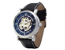 Ouyawei Mechanical Round Hollow Black Silver Bezel es Black Leather Band es