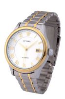 Ouyawei Metal Round White Dial Golden Bezel Stainless Steel Silver Band with Golden Stripe Water-proof Mechanical Automatic Wrist es