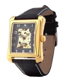 Ouyawei Rectangle Hollow Black Dial Golden Shell Black Leather Band Water-proof Mechanical es