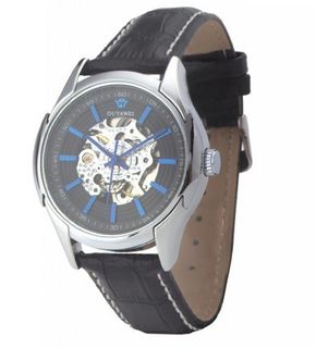 Ouyawei Round Black Dial Black Leather Strap Mechanical es