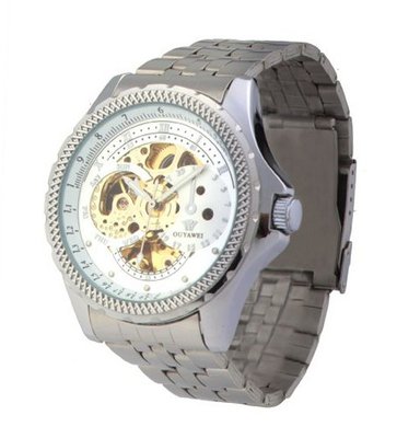 Ouyawei Round Gold And White Dial Stainless Steal Strap Mechanical es