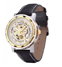 Ouyawei Round Hollow White Dial Silver Shell Black Leather Band Mechanical es