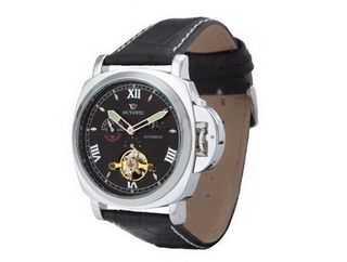 Ouyawei Round Mechanical Black Dial Black Leather Strap es