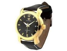 Ouyawei Round Mechanical Golden Black Dial Black Leather Strap es