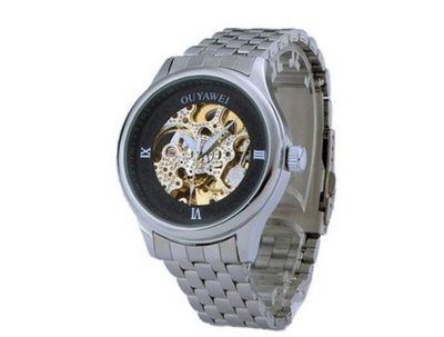 Ouyawei Round Mechanical Stainless Steal Strap Black And Gold Dial es