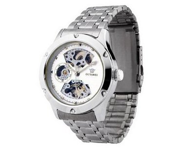 Ouyawei Round Stainless Steel Silver Band Hollow White Dial Silver Bezel Water-Proof Mechanical es