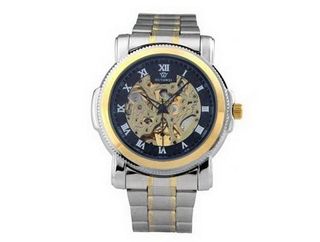 Ouyawei Silver-and-Gold Bezel es Round Hollow Black Dial Stainless Steel Silver Band With Golden Stripes Water-Proof Mechanical es