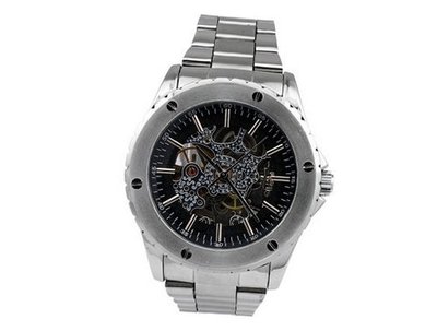 Ouyawei Stainless Steel Silver Band Water-Proof Round Hollow Black Dial Silver Bezel es Mechanical es