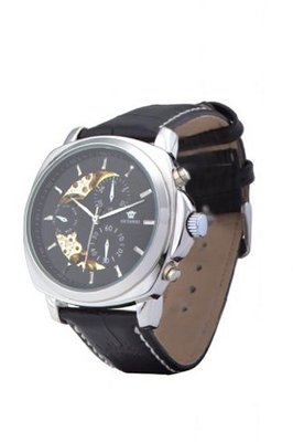 Ouyawei Streamlined Black Dial Black Leather Strap Mechanical es