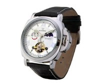 Ouyawei Tourbillion Black Leather Band Silver Bezel Round White Dial Mechanical es
