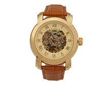 Ouyawei Water-Proof Mechanical Round Hollow Golden Dial Golden Bezel es Brown Leather Band es