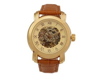 Ouyawei Water-Proof Mechanical Round Hollow Golden Dial Golden Bezel es Brown Leather Band es