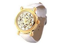 Ouyawei White Leather Band Water-Proof Mechanical es Round Hollow White Dial Golden Bezel es