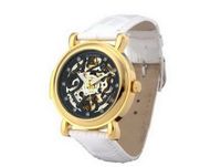 Ouyawei White Leather Band Water-Proof Round Hollow Black Dial Golden Bezel es Mechanical es
