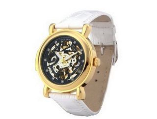 Ouyawei White Leather Band Water-Proof Round Hollow Black Dial Golden Bezel es Mechanical es