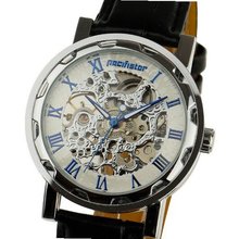 LUXURY Semi Automatic Mechanical Skeleton Analog Wrist Black Leather Strap White Dial #PX-004-W-L