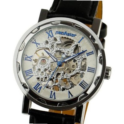 LUXURY Semi Automatic Mechanical Skeleton Analog Wrist Black Leather Strap White Dial #PX-004-W-L