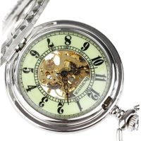 Night Vision Pacifistor Silver Officer Classic Vintage Antique Hand Winding Semi-Auto Skeleton Mechanical Stainless Steel Pocket +Fob-Chain #PX-013-S