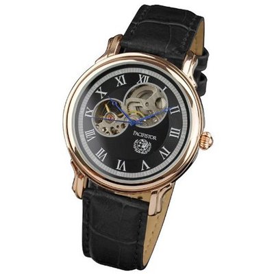 Pacifistor Black Leather Strap Luxury Hand Wind Up Skeleton Mechanical Golden Case Wrist #PX-010-GD-BL
