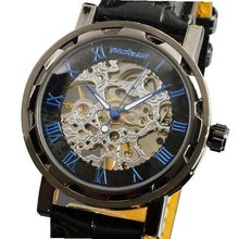 PACIFISTOR Mechanical Skeleton Wrist Hand Wind Up Black Leather Strap #PX-004-BLK-L